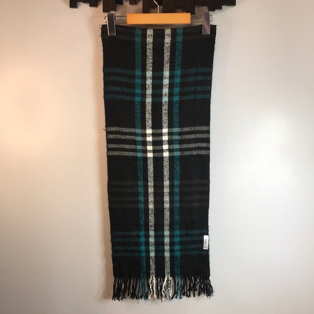 Ricki's Black Plaid Scarf with Teal and Gray Stripes